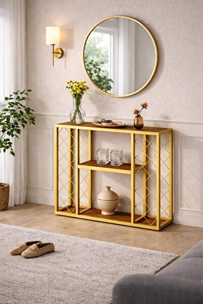janiyeva Modern Gold Metal –CEVİZ Ahşap Raflı Dekoratif Konsol Dresuar Şarapl...