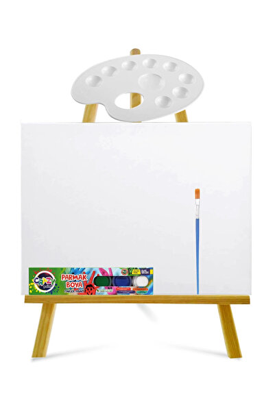 ACUTO Ekonomik Mini Şövale 25x35 Cm Tuval 6x15 ml Parmak Boyası Seti Çocuklar...