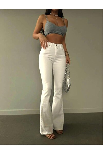 TRENDNATUREL Λευκό ελαστικό ύφασμα Ψηλόμεσο Ισπανικό Παντελόνι Jean