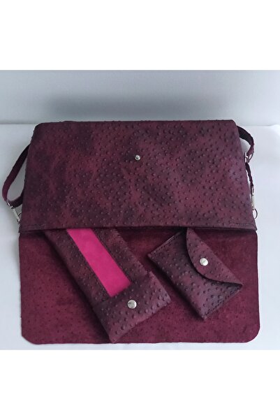 Tahtadenizi Bordo Puantiyeli Hakiki Deri Kadın Omuz Çantası El Çantası Clutch Çanta El Yapımı