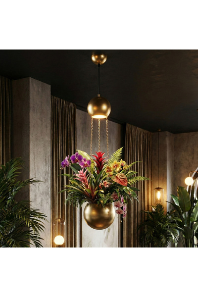 MOİRA Verde Tekli Saksı Sarkıt Avize Parlak Gold, Modern Dekoratif Çiçeklik T...