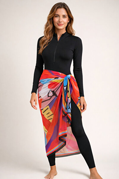 CUPSEA 3 LÜ TAKIM SET Siyah Uzun Kollu Body Mayo Likra Uzun Tayt Gökkuşağı Pareo