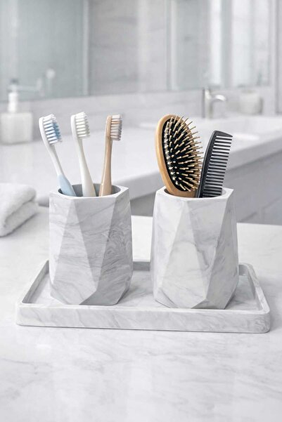 avake home BANYO SETİ TEPSİLİ DİŞ FIRÇALIK, DİŞ MACUNLUK, SÜKULENT SAKSI MERM...