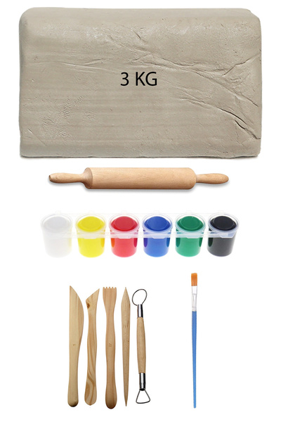 ACUTO 2 Kg Beyaz Seramik Hamuru Kil Ebeşuar Seti 6x15 ml Guaj Boya Ahşap Merd...