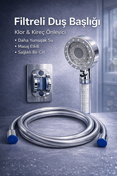 SUVİA Filtreli Duş Başlığı Masaj Etkili + PVC Hortum + Yapışkanlı Askı | Klor...