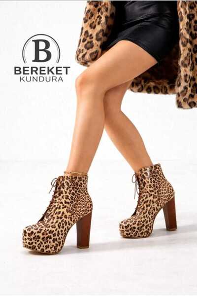 Bereket Kundura 1130 Model Platform Kalın 15 Cm Topuklu Leopar Desenli Postal...