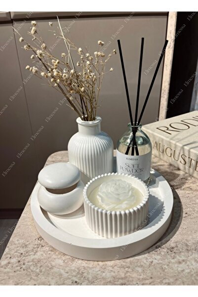 Elmessa 5li dekoratif set-Çizgili Vazo,Takı Saklama Kutusu,Oda kokusu,Mum
