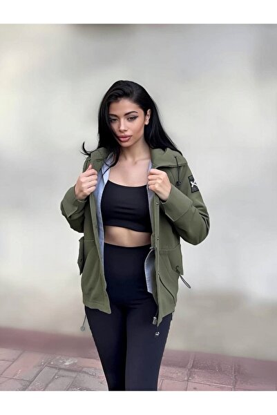 rengastyle Kadın Kapüşonlu Penye Yelekli Cepli Arma Detaylı Gabardin Ceket