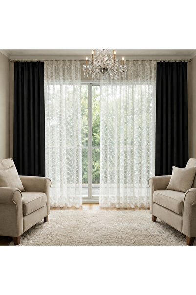 MİR BRODE TÜL PERDE ÇİÇEK DESENLİ 1/3 SIK PİLELİ YIKANABİLİR KORNİSLİ