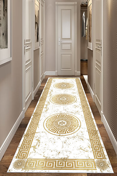 VOPTEKS Beyaz Gold Halı Yolluk Makinede Yıkanabilir Halı Kaymaz Taban Halı