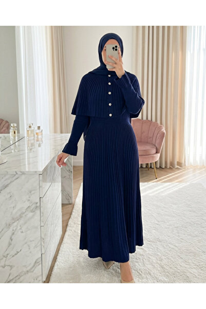 Modamorfo Eteği Fitilli Beli Lastikli Pelerin Detaylı Uzun Triko Elbise -Laci