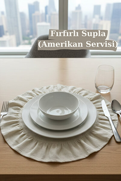 KAMİZ Fırfırlı Keten Supla Amerikan Servisi Yuvarlak Çeyiz Seti