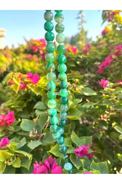 Feijewellery مسبحة صلاة من العقيق الأخضر الطبيعي مع شرابة، 33 حبة، 10 مم