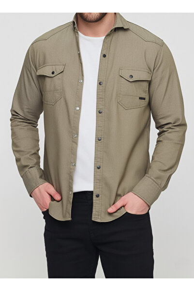 a02teks Cămașă din denim pentru bărbați, slim, kaki deschis