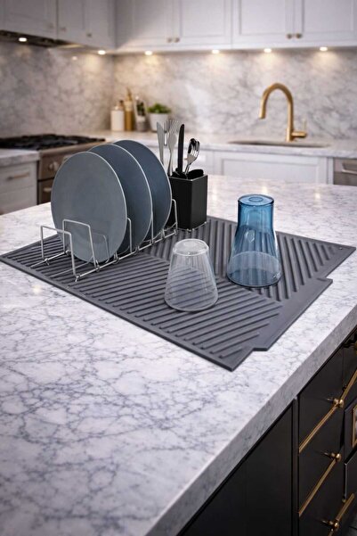 AKCAKESE Büyük Boy Antrasit Silikon Bulaşık Kurutma Matı Bulaşıklık