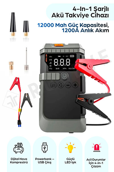 ROBEVE 4-in-1 Şarjlı Akü Takviye Cihazı Uyumlu – 12000 mAh , 1200A , Lastik P...