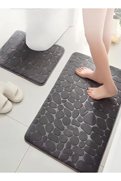DOMEET 2 Piece Bath Mat Set, Pebble Bath Mat and U-Shaped Toilet Mat with Non...