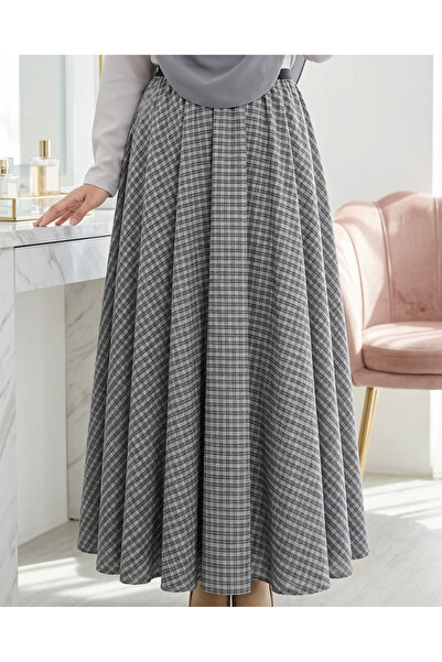 Modamorfo Plaid Patterned 360 Degree Skirt with Elastic Waist - Gray