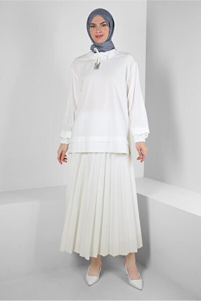 Alvina Lace-Up Collar and Pleated Skirt Tracksuit Set - 43849