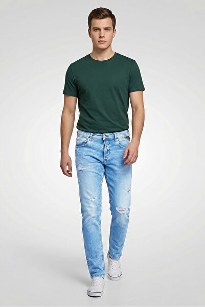 Replay بنطلون جينز رجالي قابل للتمدد بقصّة عادية، أزرق فاتح