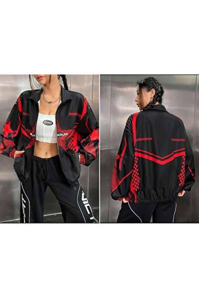 Lushen Unisex Paraşüt Kumaş Oversize Baskılı Siyah Rüzgarlık Yağmurluk İnce C...