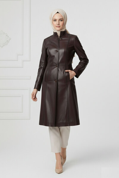 Deriderim Kahve Laura Uzun Düğmeli Dar Fit Kesim Astarlı Uzun Kadın Hakiki De...