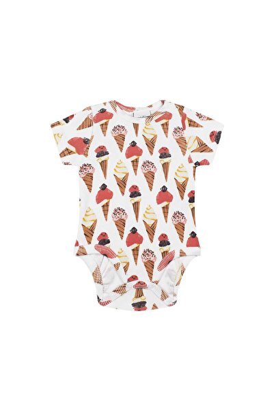 Antebies Organic White Ice Cream Love Patterned Snap Fastener Short Sleeve Ba...