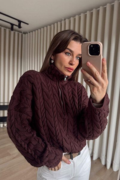 Sue Store Pulover cu împletitură de păr cu fermoar, prune închisă