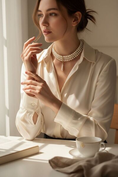 FAYRA ACCESSORIES Kristal Taşlı Üç Sıra İnci Tasma Kolye