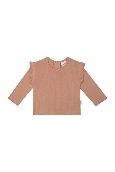 Antebies Organic Pink Classic Jacquard Ruffled Long Sleeve Baby Girl Tshirt