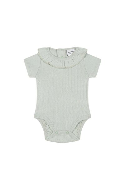 Antebies Organic Green Jacquard Collar Ruffled Snap Fastener Short Sleeve Bab...