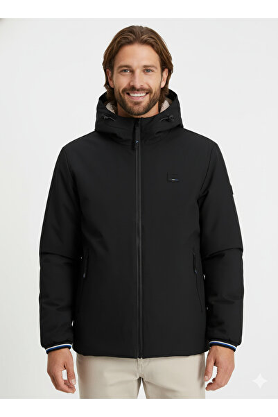 Jack & Jones JCOTERRAIN Siyah Erkek Kapüşonlu Şişme PU Deri Çift Cepli Mont