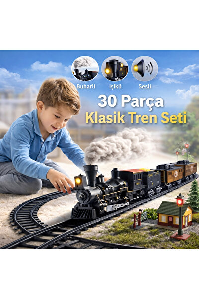 VARDEM OYUNCAK Işıklı & Sesli Buharlı Classic Tren Seti | 30 Parça Pilli Oyuncak