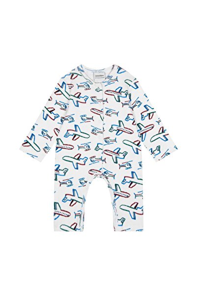 Antebies Organic White Airplane Patterned Snap-On Long Sleeve Baby Boy Romper...