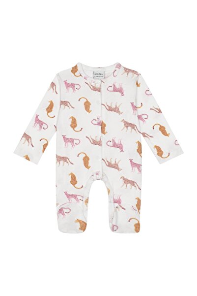Antebies White and Pink Cheetah Patterned Snap Fastener Long Sleeve Baby Girl...