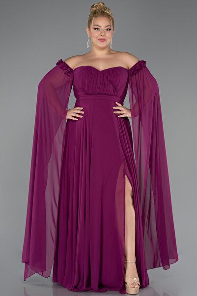 Abiyefon Mürdüm Kayık Yaka Uzun Şifon Büyük Beden Abiye ABU3464