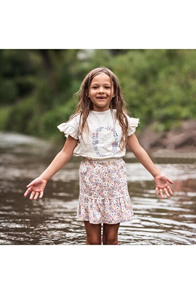 Antebies Organic Pink Summer Bouquet Floral Patterned Elastic Waist Girls Skirt