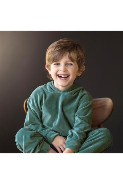 Antebies Velvet Petrol Colored Hooded Tracksuit Set