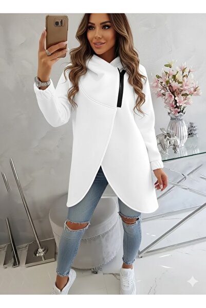 Afri Femei albe cu fermoar asimetric supradimensionat cu glugă Swea tricou – ...