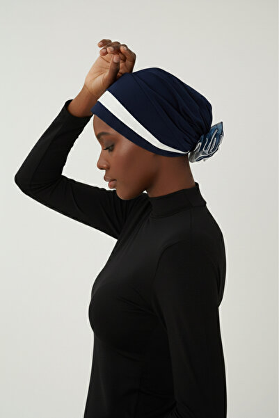 elysianfidan Layered Navy Blue-Cream Ready-Made Turban Hijab with Organza Ros...