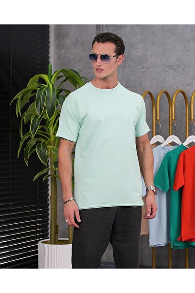 MODEFENDİ Tricou oversize pentru bărbați, verde acvatic, din bumbac, cu lycra...