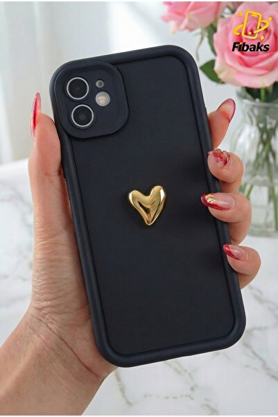 Fibaks iPhone 11 Kılıf 3D Kalp Tasarımlı Siyah Desenli Yumuşak Kamera Korumal...