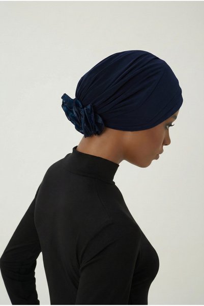 elysianfidan Layered Navy Blue Ready-To-Wear Turban Hijab with Organza Roses on the Back, Suitable for Medical Use