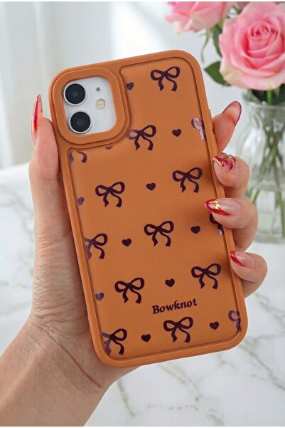 Fibaks Apple iPhone 11 Kılıf Yumuşak Dokulu Fiyonk Desenli Kahverengi Yumuşak...