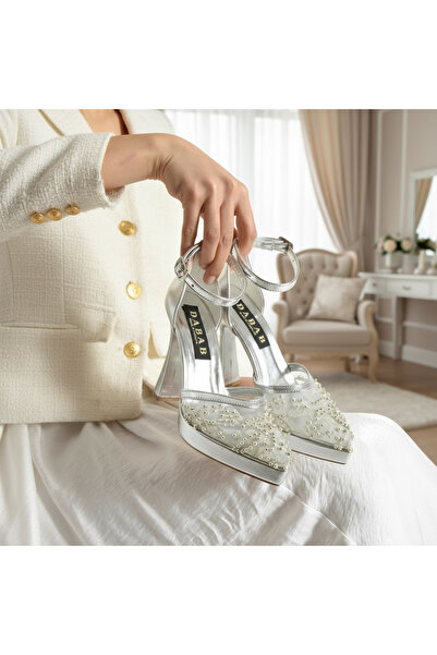 dabab shoes Pearly Silver Women's Platform 11cm Heels Pearls Ankle Strap Even...