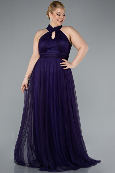 Abiyefon Koyu Mor Halter Yaka Uzun Büyük Beden Abiye ABU3253
