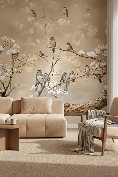 dreamwall Vintage Kuş ve Çiçek Desenli 3D Duvar Kağıdı Isı ve Ses Yalıtımlı