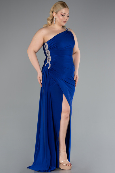 Abiyefon Saks Mavi Tek Omuz Yırtmaçlı Uzun Büyük Beden Abiye ABU3132