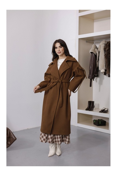 Elif Özbey Butik Acı Kahve Kolları Cep Detaylı Premium Kaban