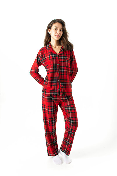 Ecrou Women's Red Plaid Pattern Peter Pan collar Long Sleeve Piped Pajama Sets